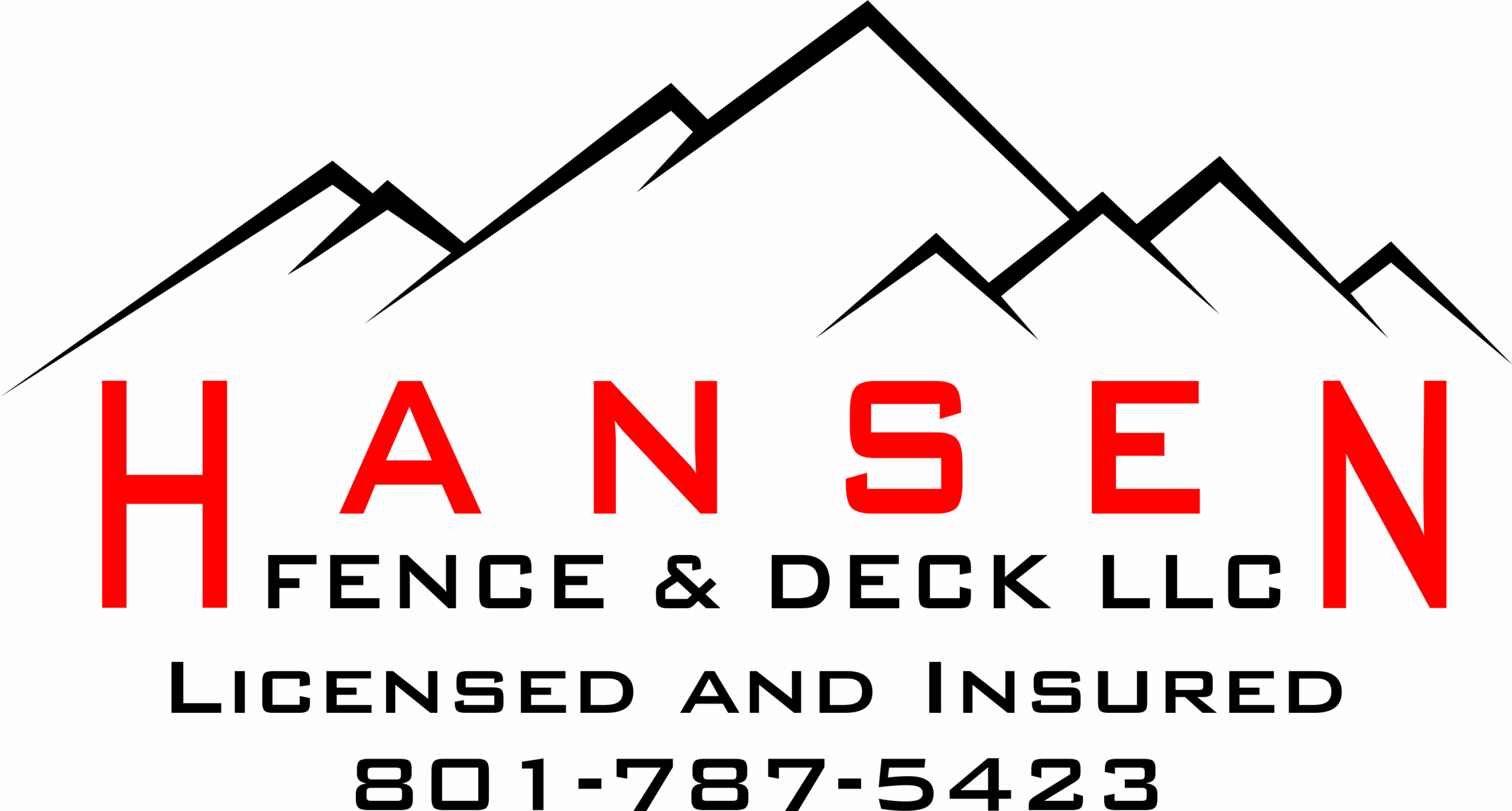 Logo for Hansen Fence & Deck LLC featuring mountain silhouettes. Text reads: Hansen Fence & Deck LLC, Licensed and Insured, 801-787-5423.